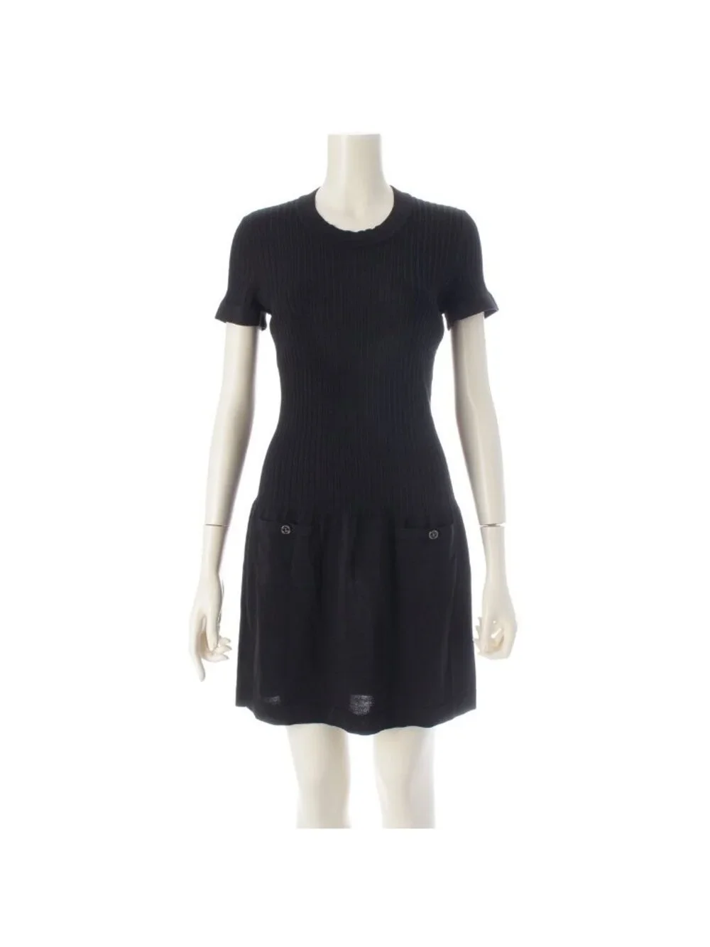 Chanel Circle CC Logo Short Sleeve Openwork Rib Knit Switch Dress Black 38